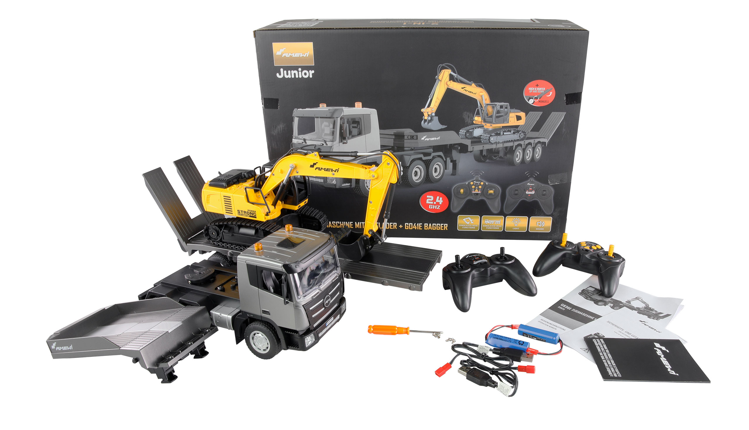 AMEWI 2-in-1 RC Bagger & Kipper Set - Ferngesteuerte Baustellenfahrzeuge Für Kinder Ab 6 Jahren